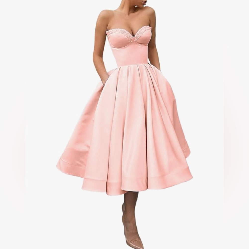 New Sweetheart Strapless Short Homecoming Dress Satin A-line Gown with Pockets